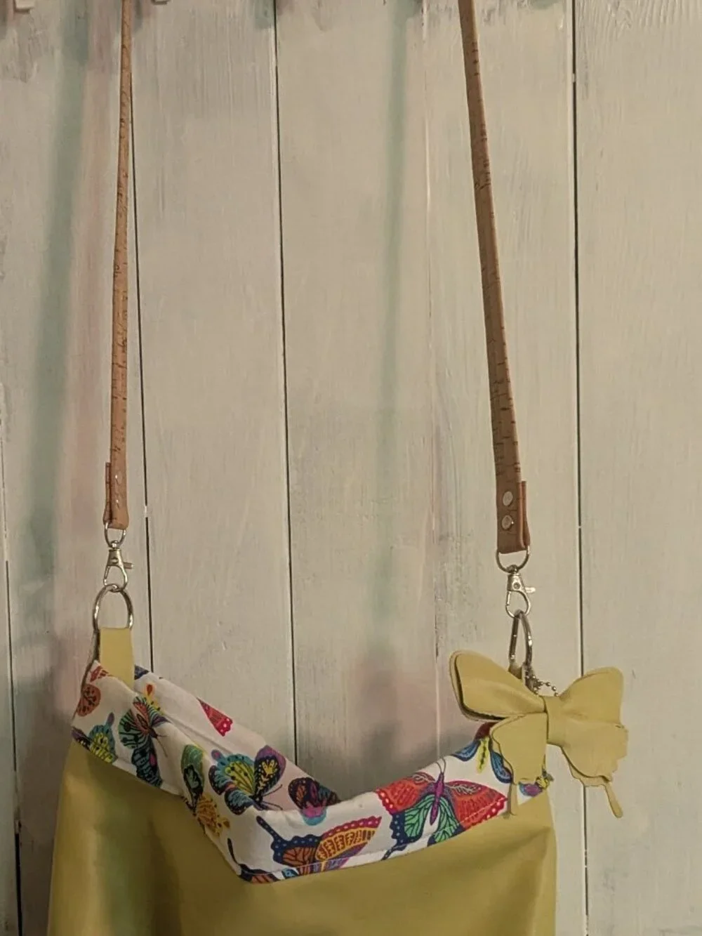 Leather Tote Bag with Cork Handle lined with butterfly cotton